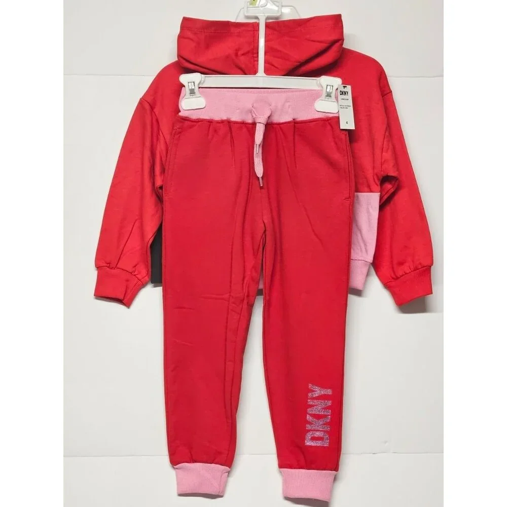 DKNY Girls Size 4, 2 Piece Outfit, Riot Red/Pink Real Love Jogger Set Track Suit